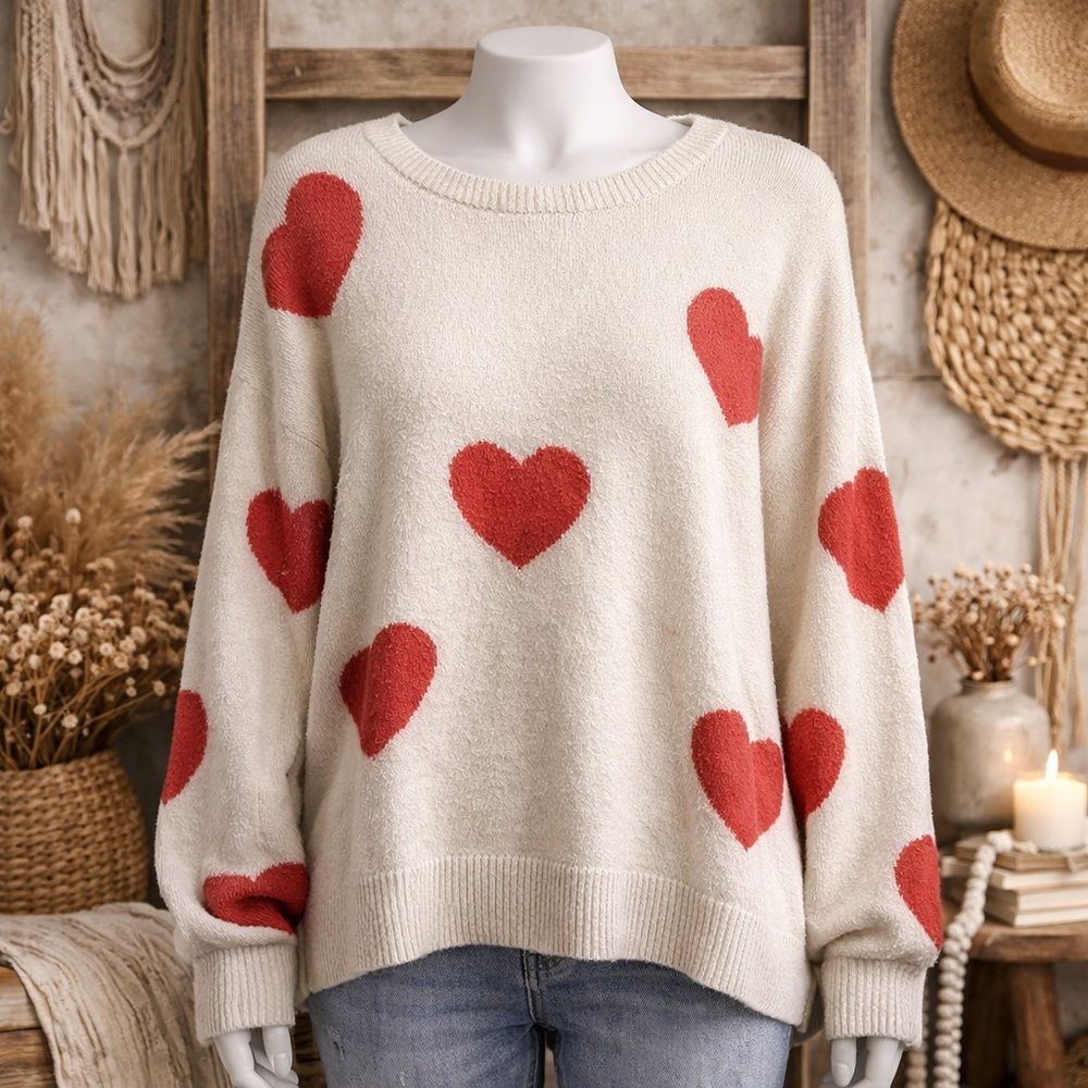 Terra & Sky Women’s Long Sleeve Heart Sweater Size 0X 14W